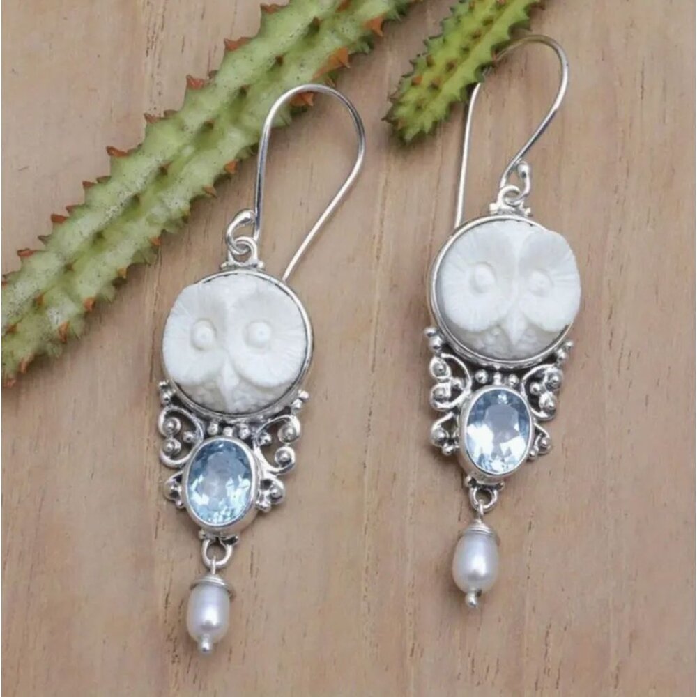 White Owl Dangle Earrings With Blue Jewel & Pearl Silver Tone